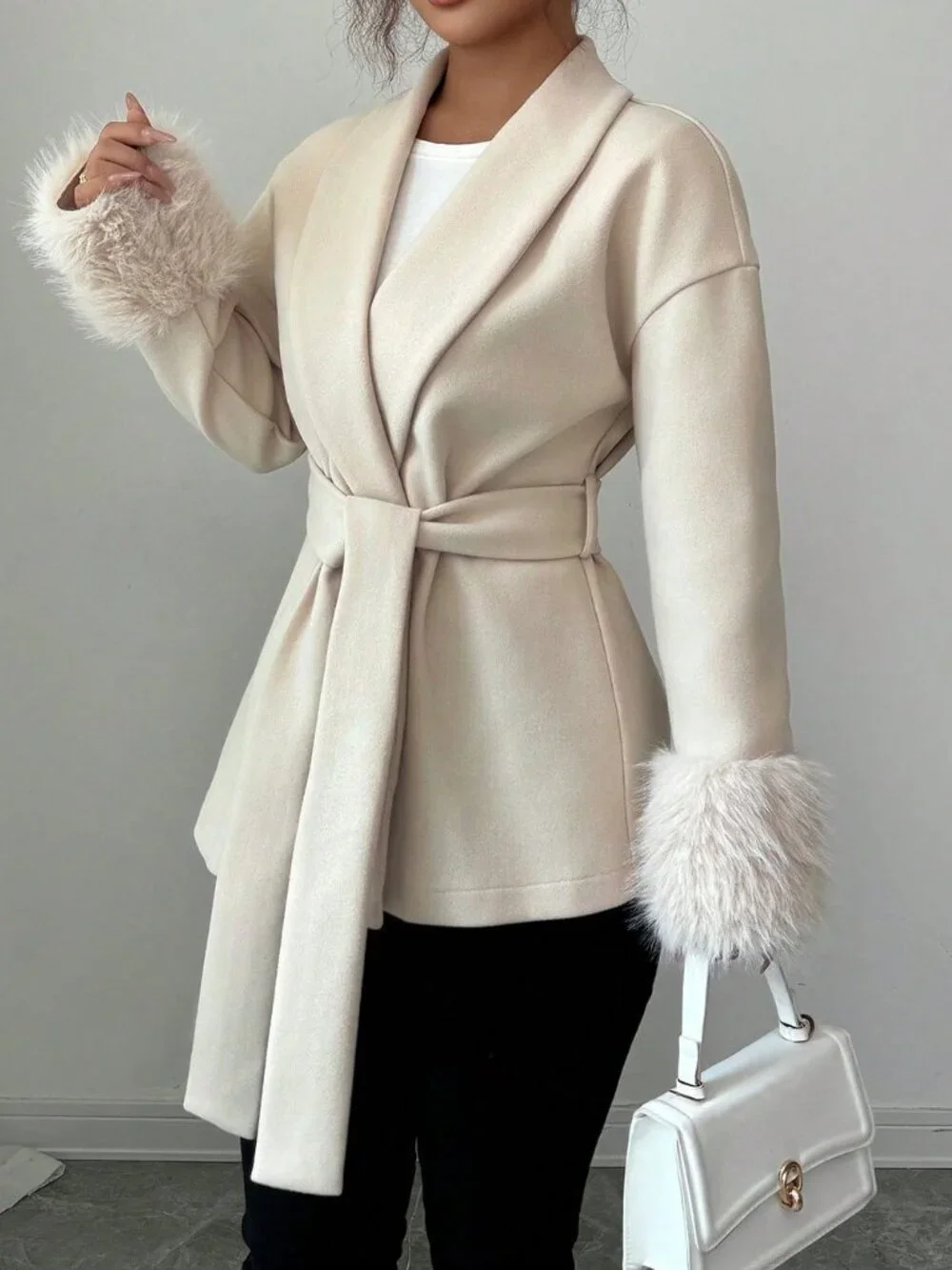 Beige Casual Women's Faux Fur Trim Tie-Front Collared Long Sleeve Woven Coat